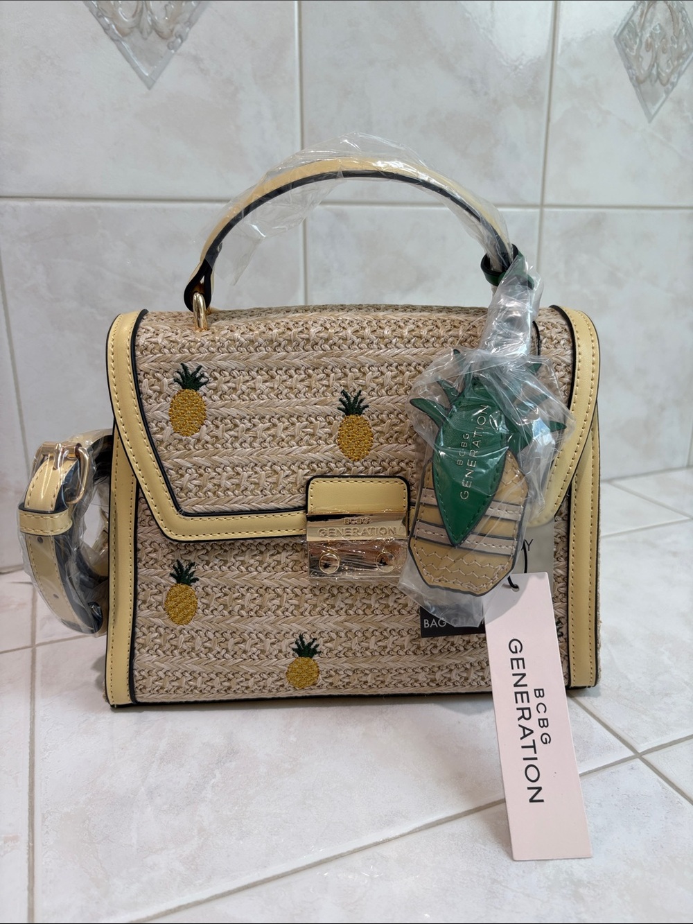 BCBG Generation Pineapple Straw Top-Handle Bag in Yellow with Crossbody Strap